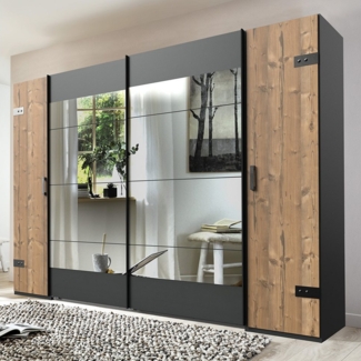 Lomadox Kleiderschrank SUNDERLAND-43 graphit grau Fichte Schwebetüren Spiegel Industrial Style 272x208x65cm