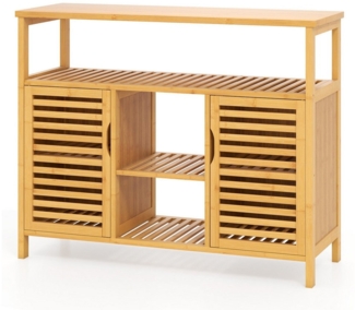 COSTWAY Badkommode, Badezimmerschrank Bambus mit Lamellentüren, 100x35x80cm