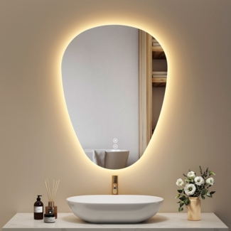 EMKE Spiegel mit Beleuchtung Asymmetrischer LED Badspiegel mit Beleuchtung 80 x 60 cm Touch-Schalter, 3 Lichtfarben Dimmbar, Beschlagfrei Badezimmerspiegel mit Beleuchtung IP44 Energiesparend