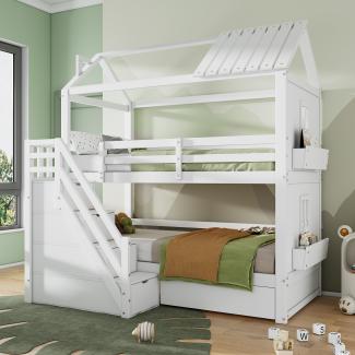 Merax Kinder-Etagenbett, 90*200cm, Multifunktionales Kinderbett, mit Stauraumtreppe & Schubladen & Regalen, Extra großer Stauraum, Ohne Matratze, Kiefer + MDF, Weiß