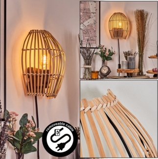 hofstein Wandleuchte Wandlampe aus Metall/Bambbus in Schwarz/Naturfarben, ohne Leuchtmittel, Leuchte im Boho-Design mit Gitterschirm und Lichteffekt, E27