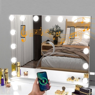 LETGOSPT Schminkspiegel Hollywood Spiegel mit Beleuchtung, Kosmetikspiegel mit Audio und USB (Schminkspiegel mit Bluetooth-Lautsprecher), Einstellbare LED Touchscreen, Schminkspiegel mit 15/18 LED-Leuchten