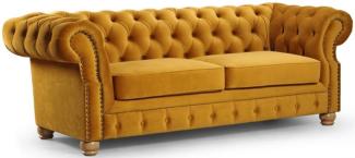 Casa Padrino Luxus Chesterfield 3er Sofa Ocker / Hellbraun 217 x 93 x H. 77 cm - Chesterfield Wohnzimmer Sofa - Chesterfield Wohnzimmer Möbel