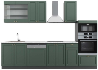 Küchenzeile Fame-Line Grün-Gold Landhaus/Anthrazit 300 cm mit Hochschrank, AP Marmor Vicco