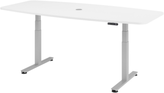 bümö Konferenztisch elektrisch höhenverstellbar 220x103 in weiß, Gestell: Silber - elektrischer Besprechungstisch oval mit Memoryfunktion höhenverstellbarer Meetingtisch, XDSM22-W-S