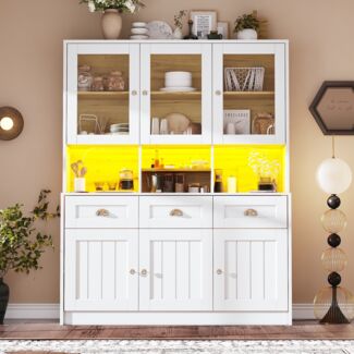 Hochschrank B 140 x T 40 x H 175 cm, MDF Weiß, Acryltüren, LED-App-Steuerung, 3 Schubladen & 6 Türen