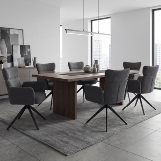 6er-Set Esszimmerstuhl HWC-N11, Stuhl, drehbar Auto-Return Stoff Bouclé 350g/m² Öko-Tex ~ dunkelgrau, Beine dunkelgrau