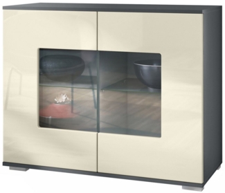 Vladon Kommode Grömitz V3 (Moderner Küchenschrank, mit 2 großen Glastüren), Anthrazit matt / Creme Hochglanz (92,5 x 75.5 x 35)