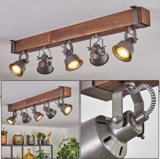 hofstein Deckenleuchte Deckenlampe aus Metall/Holz in Grau/Dunkelbraun, ohne Leuchtmittel, Deckenleuchte im Industrial/Retro/Vintage-Design m. Holzbalken, 5xGU10