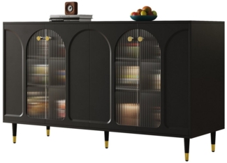 HAUSS SPOLE Sideboard mit dekorativen Metalldetail, Glastür für Esszimmer oder Küche schwarz (Kommode, Anrichte,Buffet, 1 St, 4 Türen), mit dekorativen Metalldetails