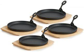 BBQ-Toro Servierpfanne 4er Gusseisen Servierpfännchen-Set, Ø 22 cm, rund, mit Holzbrett, Gusseisen