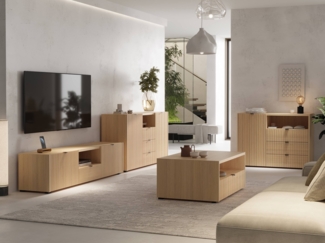 Wohnzimmer-Set Cyliza I (Farbe: Vicenza Eiche Weiß Gekalkt)