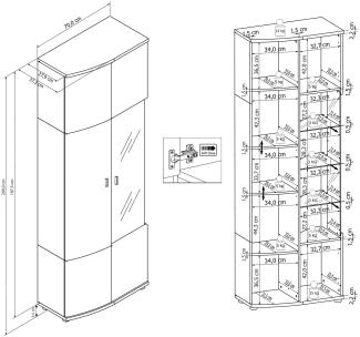 Hochvitrine Jandy 70x200x37 Vitrine Weiß/Anthrazit/Weiß HG/Anthrazit HG 10158