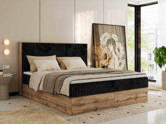 Doppelbett, Boxspringbett mit Bettkästen, Multipocket-Matratze und Topper, Set mit Kopfteil, Eiche Wotan Holzrahmen - WOOD CLASSIC - 200x200 cm - Schwarz Cord - H3