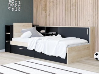 Vente-unique - Bett mit Stauraum + Lattenrost + Matratze - 90 x 190/200 cm - Schwarz & Holzfarben - LIARA