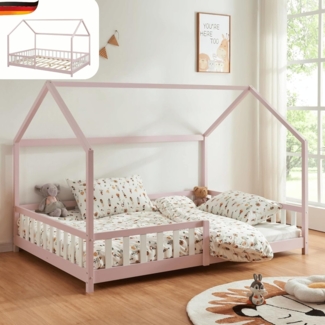 DELUKE® Kinderbett 120x200 OKLA - mit Lattenrost Rausfallschutz Haus-OptikEinzelbett aus Holz Hausbett Kinderzimmer Montessori Bett Rosa