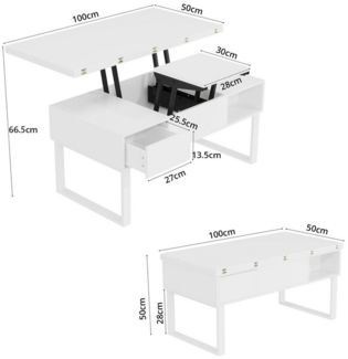 VOWNER Couchtisch Wohnzimmertisch mit 2 Schubladen & Versteckter Aufbewahrung (1-St), 3-in-1-multifunktional & als Esstisch nutzbar, höhenverstellbar