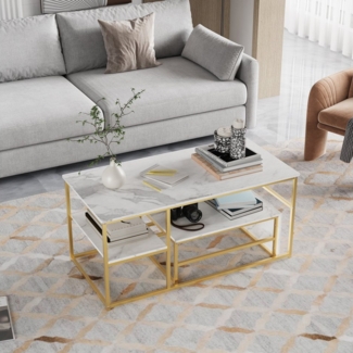 Furnishings Home Couchtisch Rechteck Satztisch Beistelltisch stapelbarer Sofatisch (2-St, Ideal für Wohnzimmer & Büro, Platzsparendes stapelbares Design), Mit Marmormuster Tischplatte, 105 x 52 x 48.5 cm + 60 x 45 x 28 cm