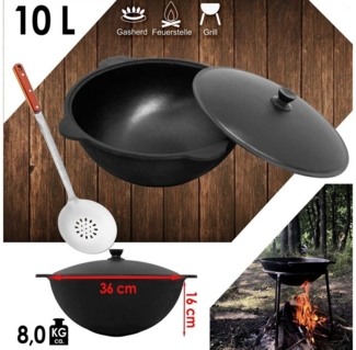 4BIG. fun Grilltopf Gusseisen Kasan 10L Alu WOK Kessel Schaumkelle, Gusseisen (Gusseisener Kasan mit Deckel und Schaumkelle)