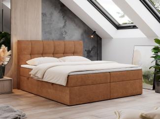 Boxspringbett mit Kopfteil und Topper, Doppelbett - RICO - 120x200cm - Orange Stoff - H3