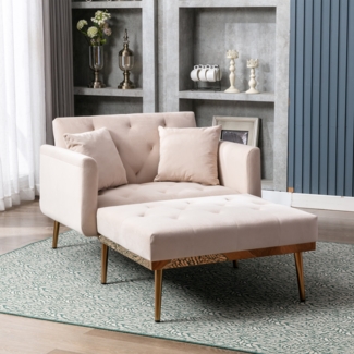 LVHOM Klappsofa mit Schlaffunktion, Schlafsofa Samtbezug mit goldenen Metallbeine, Klappbett Bettsofa Bettcouch, Chaiselounge, Beige