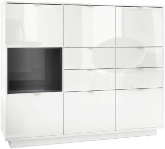 Highboard Sideboard Metro V2, Korpus in Weiß Hochglanz / Fronten in Weiß Hochglanz mit Einsatz in Schwarz Hochglanz