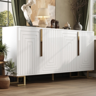 Sideboard, einzigartiges geometrisches Design und goldene Griffe und Füße für ein elegantes Gefühl, Weiß, 152 x 40 x 75 cm