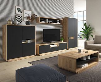 Lomadox Wohnzimmer-Set ALBANY-83, (Mega-Spar-Set, 5-St, 5-tlg), Taurus Eiche Nb. mit schwarz matt 423/181/40 cm