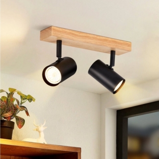 ZMH Deckenleuchte Deckenstrahler 2 Flammig Holz Deckenleuchte GU10 Schwenkbar 350°, ohne Leuchtmittel, Innen Spotlight Strahler für Wohnzimmer Schlafzimmer, Weiß/Schwarz