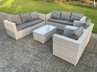 Fimous 8-Sitzer Rattan Gartenmöbel Set Rattan Sofa Set mit 3-Sitzer Sofa 2 Sessel Couchtisch Helles Grau