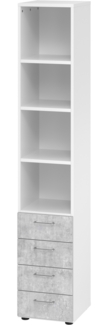 bümö smart Schubladenschrank, Büroschrank in Weiß/Beton mit 4 Schüben & 4 Regalfächern - Bürocontainer aus Holz, Container mit Metallgriffen & Soft-Stop Schubladen, 964S4-W-M-BS