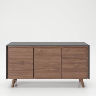 PLAYBOY - Sideboard "VICTORIA" mit 3 Schubladen und 2 Türen, sanft-schließend, Walnuss/Grau, Retro-Design