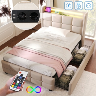 Einzelbett 90 × 200 cm mit Steckdosen,USB-Anschlüssen und LED-Beleuchtung,2 Schubladen,Leinenbezug in Beige