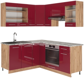 Eckküche Fame-Line Bordeaux Hochglanz/Goldkraft Eiche 190 x 60 cm , AP Marmor Vicco