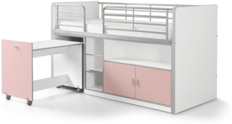 Hochbett Kalinda 207 x 96 x 121 Holzwerkstoff+Metall Weiß/Rosa
