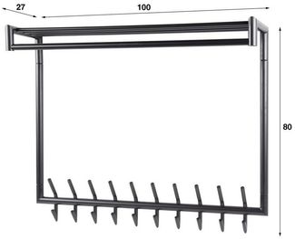 Garderobe Rore aus pulverbeschichtetem Metall, modern industriell, dunkelgrau, mit Hutablage, 20 Haken und Stange