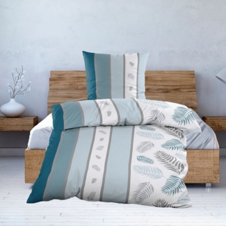 Casa Colori Bettwäsche Biber 135x200 cm Petrol Streifen & Federn, Biber, 2 teilig, 100% Baumwolle