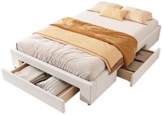 SOFTWEARY Futonbett mit Lattenrost und 3 Schubladen (140x200 cm, ohne Kopfteil), Bezug aus Leinen