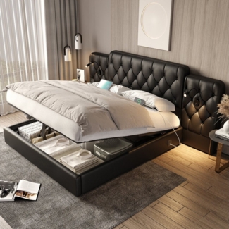 KLAM HOME Polsterbett Doppelbett Bett Stauraumbett Jugendbett gepolsteres Bettgestell (Mit Langem Kopfteil, USB-Anschlüsse und Leselampen(Ohne Matratze), Hydraulisches Hubbett mit Stauraum, PU/Samtmaterial, 160x200 cm