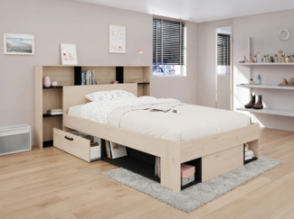 Vente-unique - Bett 120 x 190/200 cm mit Kopfteil & Stauraum - Natur & Schwarz - KINSELIA