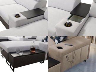 Möbel für Dich Wohnlandschaft in U-Form Melody V, mit Ablagetisch, Barfach, USB, Becherhalter, Bettfunktion, Bettkasten