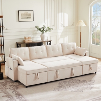 U-Sofa groß ausziehbar, 270x130x86 cm Baumwolle-Leinen – Schlafsofa, Eckcouch mit Staufach & Getränkehaltern,Beige