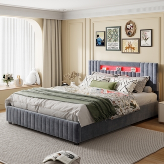 Bett 160x200 cm in grauem Samt mit Gasdruckmechanismus und LED-Beleuchtung