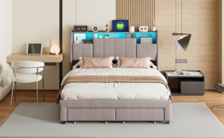 160x200cm Graues Leinenbett mit Stauraum und LED-Beleuchtung