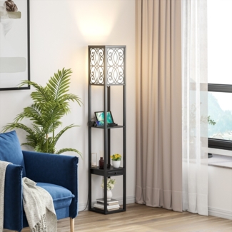 Stehlampe mit Regalen und Schublade für Wohnzimmer Schlafzimmer 26 x 26 x 160,5 cm Schwarz