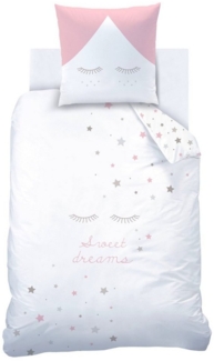 MTOnlinehandel Bettwäsche Sweet Dreams 135x200 + 80x80 cm, 100 % Baumwolle, Renforcé, 2 teilig, Sterne, Wimpern Bettwäsche in rosa & grau für Kinder und Erwachsene