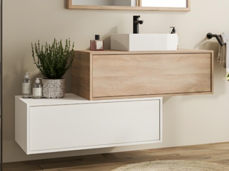 Vente-unique - Waschbeckenunterschrank hängend mit Einzelwaschbecken & zwei Schubladen - Weiß & Naturfarben hell - 94 cm - TEANA II