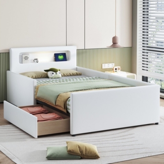 Merax Polsterbett mit USB-Ladeanschluss und Nachtlicht (Jugendbett Einzelbett, 1-tlg, aus Kunstleder), Kinderbett 90x200 cm mit Schublade, Sicherheitsseiten & Stauraum
