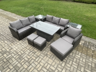 Fimous Polyrattan Gartenmöbel-Sets höhenverstellbarer Tisch Sofa Set mit 2 Beistelltischen Liegestühle 3 Hockern