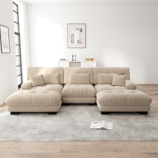 Ecksofa, Luxuriöses modulares Ecksofa Übergroßes U-förmiges Cloud Couch für Wohnzimmer Tiefensitz verwandelbares Schlafsofa mit Ottoman, Chenille, Hellbraun